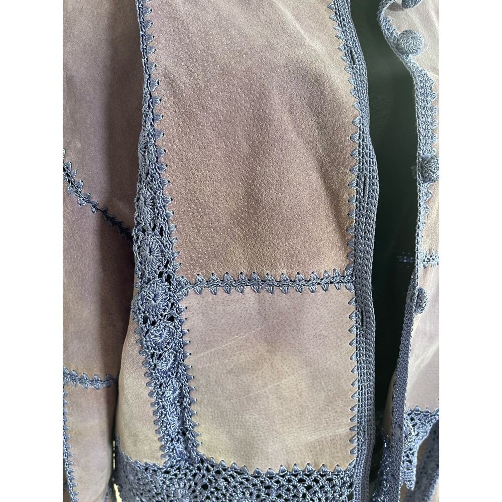 VNTG S.M.H Leather Purple Patchwork Floral Crochet Knit Button Up Jacket Sz XL - Picture 4 of 10